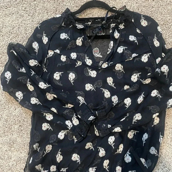 Rag & Bone Chiffon Sheer Floral Blouse Womens Extra Small Navy Tie Neck - Picture 8 of 8